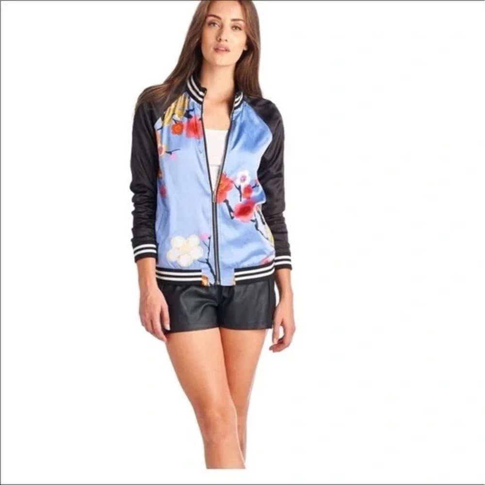 AliceBlue 70s  bomber floral, silk blue and black jacket size Medium